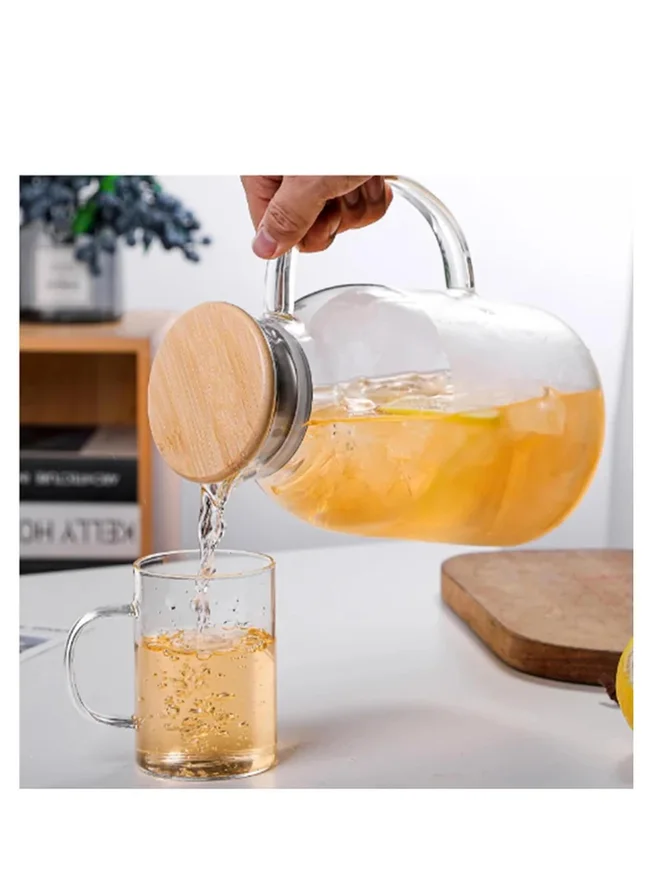 1 تشيس 1CHASE Borosilicate Glass Water Pitcher With Bamboo Lid And Stainless Steel Strainer 1800ml